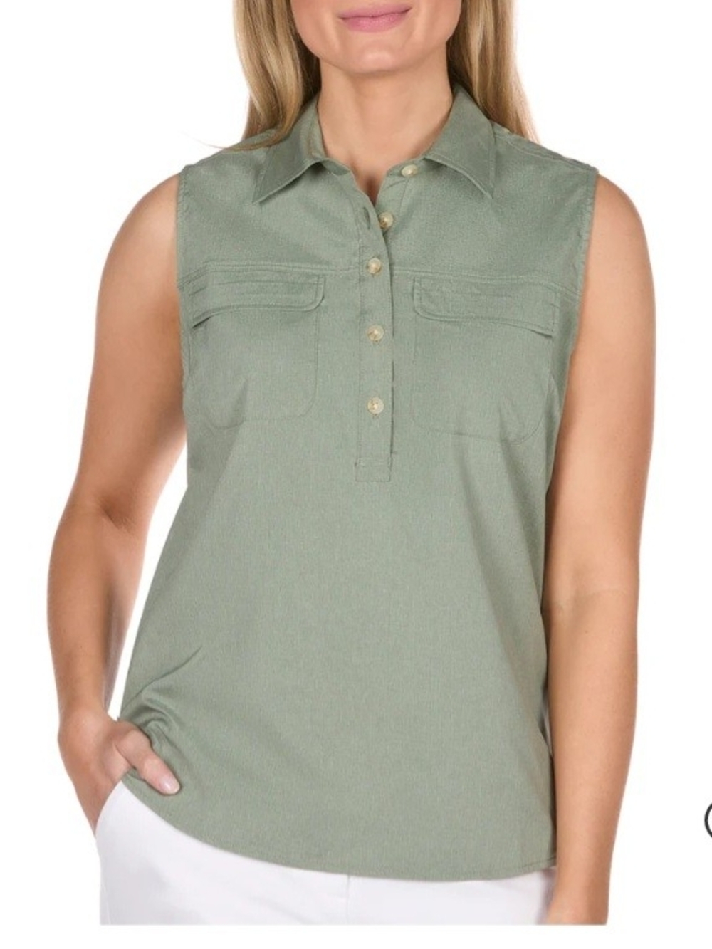 Women's Sleeveless Collared Half-Button Shirt